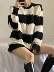 Koisoon Harajuku Hole Striped Sweaters Women Streetwear Y2K Loose Knitted Pullover Korean Casual Vintage Long Sleeve Female Jumpers