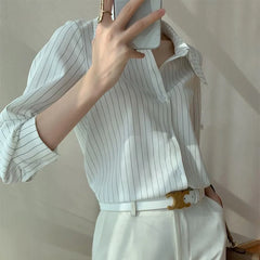 Koisoon White Stripe Long Sleeve Shirt Woman Office Ladies Basic Blouses Old Money Style Korean Fashion Summer Loose  Aesthetic