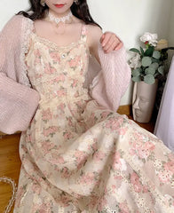 Koisoon Chiffon Lace Strap Dress Women Floral Embroidery Fairy Vintage Long Dress Female Sweet Princess Casual Party Dresses Summer