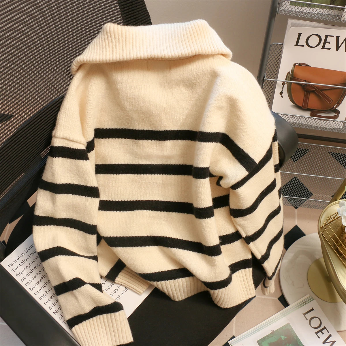 Koisoon Women Sweater Oversize Zipper Knitted Pullover Long Sleeve Stripe Loose Ladies Sweaters Autumn Winter Women's Turtleneck