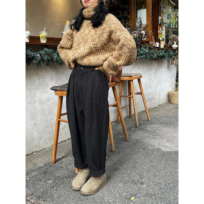 Koisoon Streetwear Woolen Harem Pants Women Korean High Waist Suit Pants Winter Ladies Elegant Fashion Thicken Baggy Trousers New