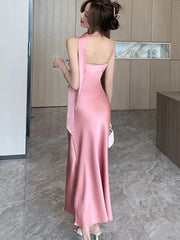 Koisoon Women Summer Sexy Backless Satin Midi Dresses Elegant Evening Party Prom Sleeveless Casual Vintage Robe Female Fashion Clothes