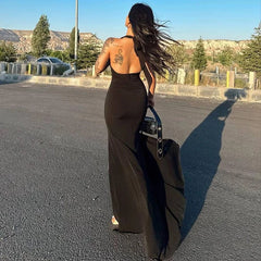 Koisoon New Black Maxi Dress Women Summer Sexy Backless Sleeveless Halter Party Split Dress Simple Fashion Casual Elegant A-LINE Dresses