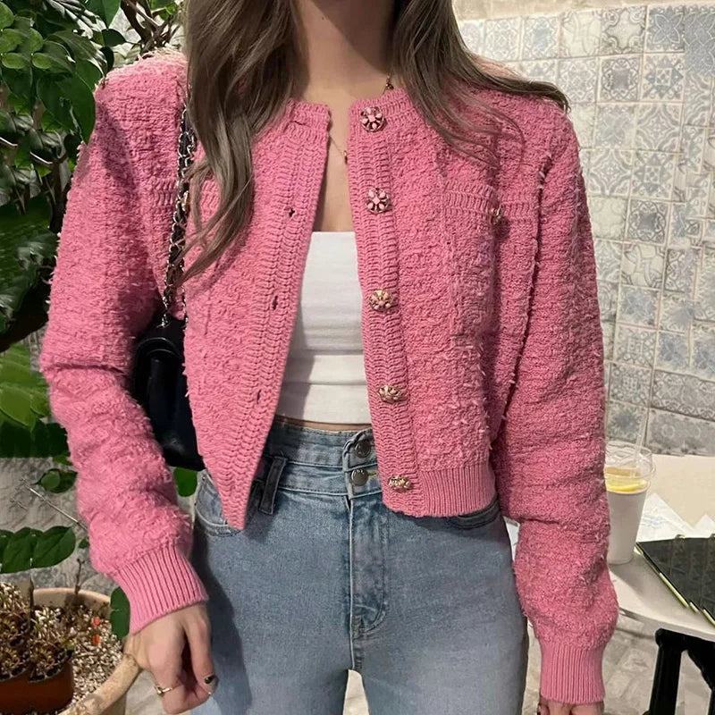 Koisoon Korean Style Pink Round Neck Cropped Cardigans for Women Chic Button Long Sleeve Knitted Coats Woman Pocket Bling Short Cardigan