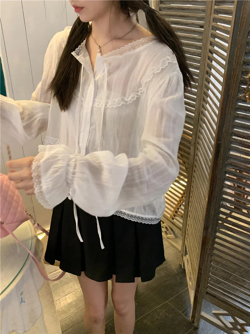 Koisoon Japnsese Kawaii Blouse Shirt Women Design New Lace Sweet Shirts Female Casual Korean Fashion Button Designer Cute Shirts 2024