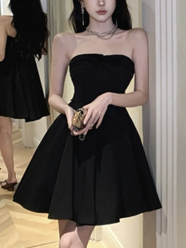 Koisoon New Summer Elegant Strapless Short Dress Women High Waist A-line Korean Chic Evening Party Dresses Prom Black One Piece Vestido