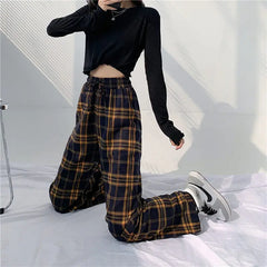 Koisoon Harajuku Fashion Women Plaid Casual Sweatpants Spring Autumn New High Waist Streetwear Loose All-match Wide Leg Sports Trousers