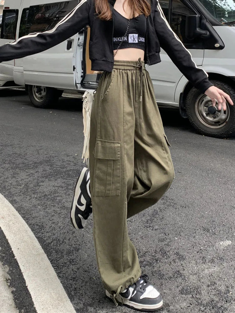 Koisoon Women Harajuku Cargo Pants Fashion Streetwear Pockets Loose Wide Leg Pants Female Elastic High Waist Casual Trousers New