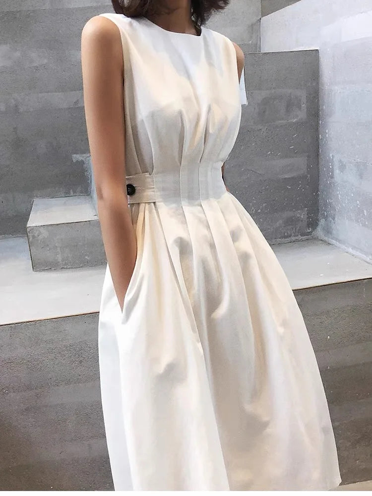 Koisoon Elegant Women White Loose Pockets Casual O-Neck Waist Dress Office Ladies 2024 Summer Sleeveless Midi Dress Vestidos