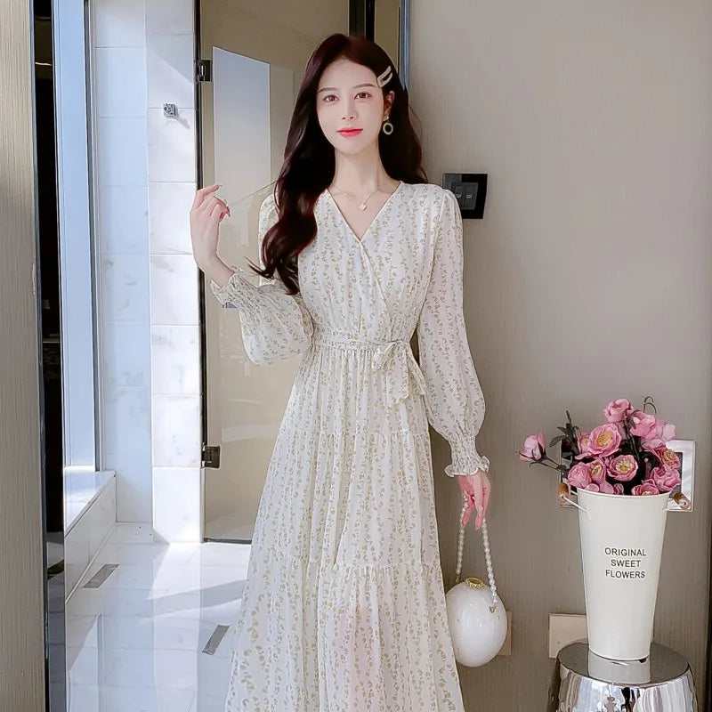 Koisoon New Spring Summer Fashion Print Midi Dresses for Women Long Sleeved V-neck Party Birthday Slim Cute Sweet Fairy Dress Korean