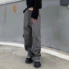 Koisoon Vintage High Waist Cargo Pants Women Fashion Bandage Zipper Wide Leg Pants American Style Streetwear Female Loose Trousers