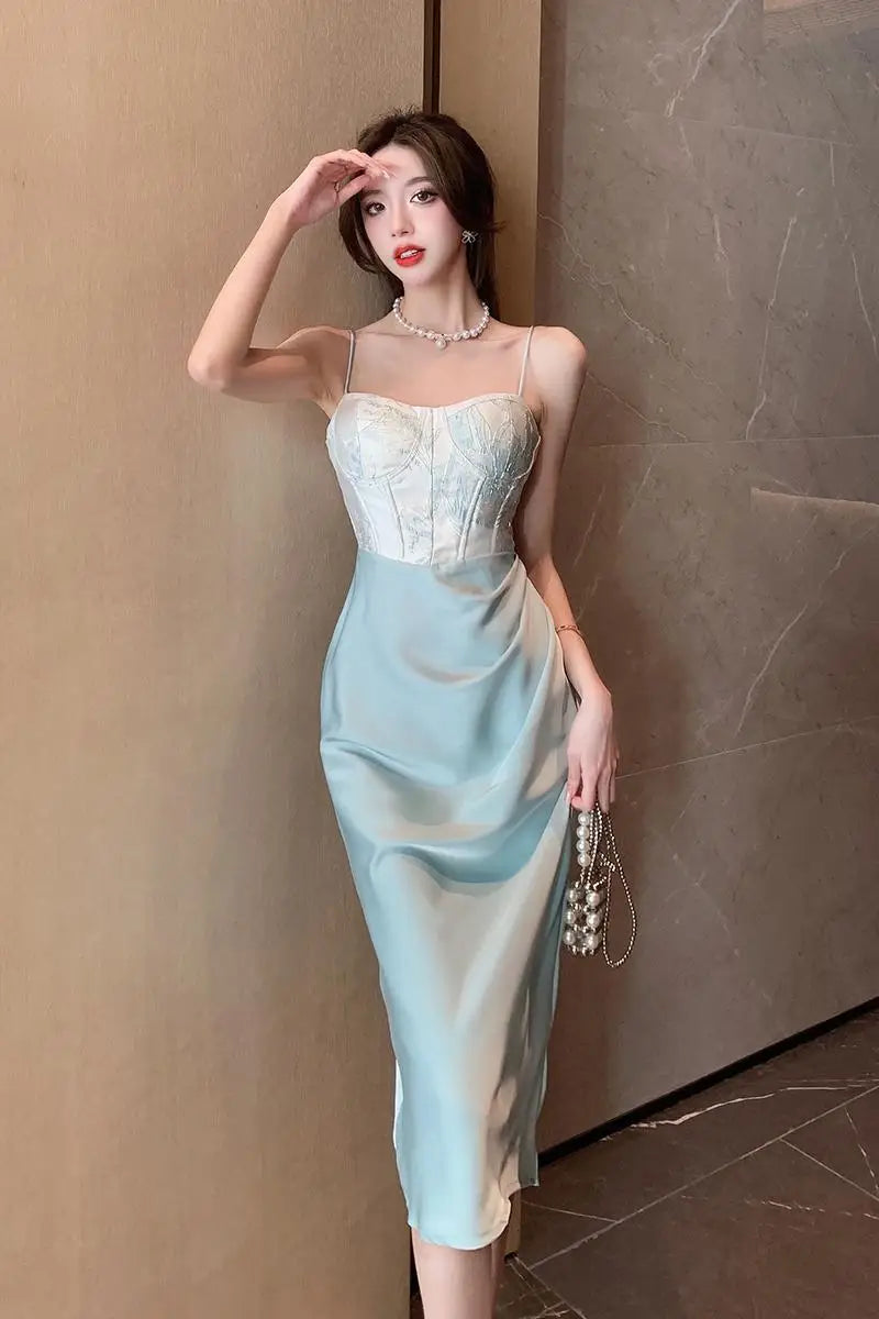 Koisoon Sexy Backless Midi Dresses for Women Summer Elegant Party Prom Suspender Female Clothes Vestidos Satin Embroidery Evening Dress