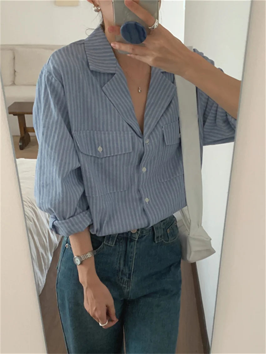 Koisoon Work Wear Stripe Shirts Women Elegant Chic Classic Vintage Spring 2024 All Match Office Lady Full Sleeve High Street