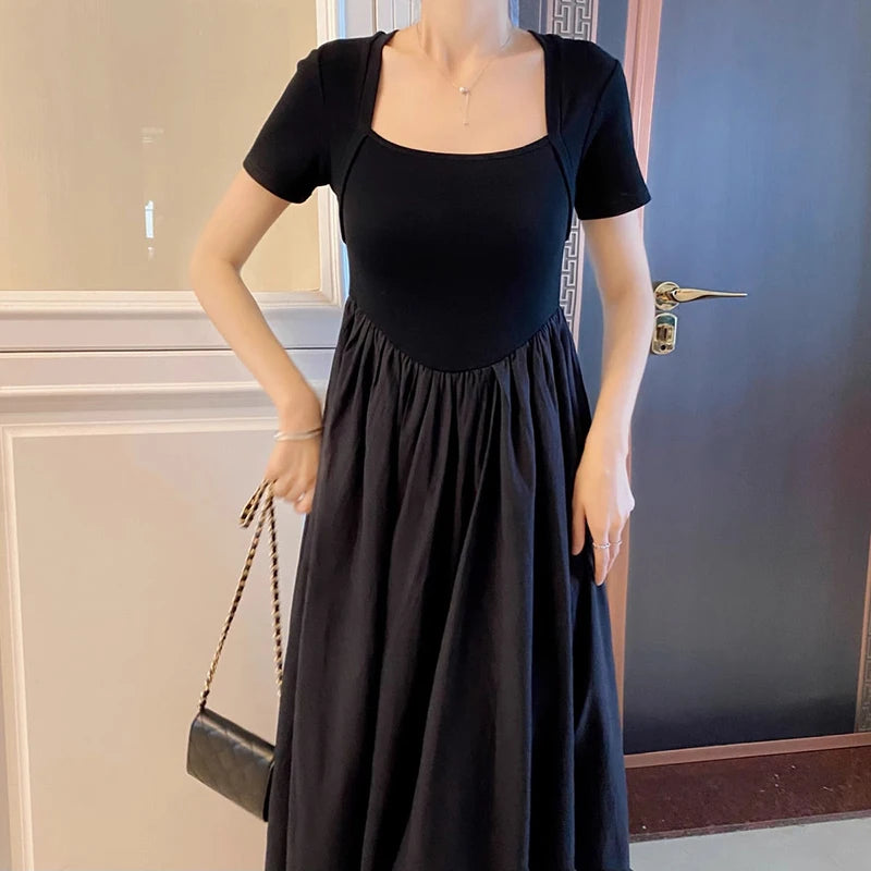 Koisoon Elegant Women Dress Korean Casual Fashion Patchwork Midi Dresses Y2K Female High Waist Ball Gown Short Sleeve A Line Dress