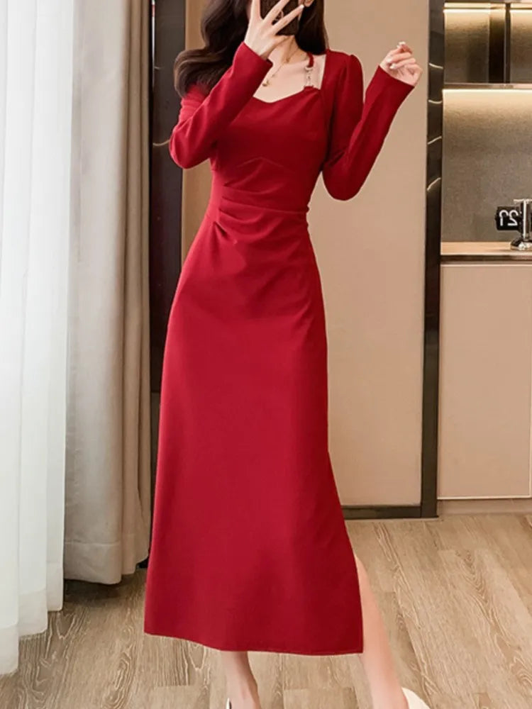 Koisoon Vintage Bodycon Women Fashion Black Red Dress Long Sleeve Elegant Slim Party Birthday Dresses Female Clothes Robe Vestidos New