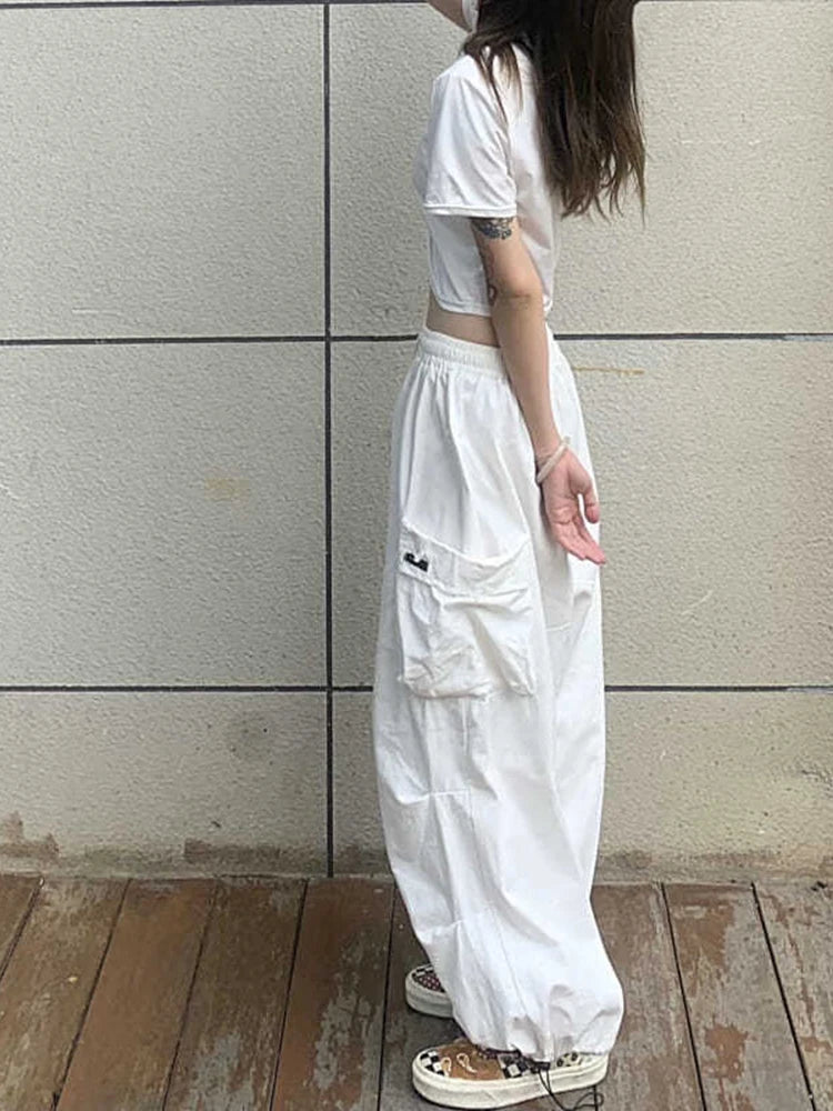 Koisoon 100% Cotton Women Cargo Pants Summer BF Loose Korean Black High Street Student Wide Leg Pants Fashion Pocket Trousers