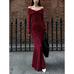 Koisoon Sexy V-neck Ruched Evening Dress Women Red Retro Long Sleeve Sheer Mesh Fishtail Maxi Long One-piece Formal Party Gown