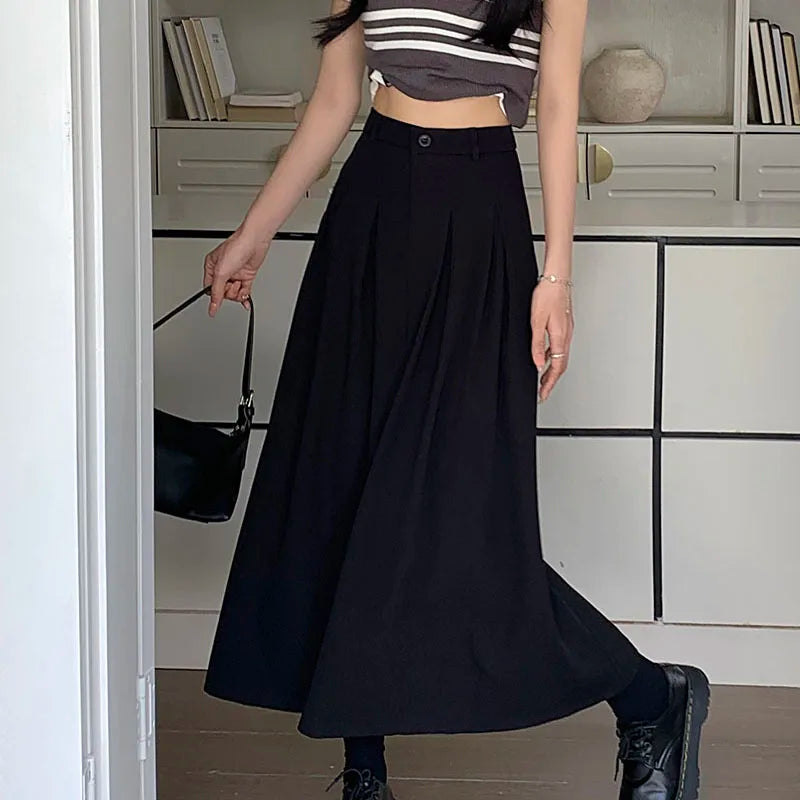 Koisoon Elegant Women Long Black Suits Skirts For Female Pockets OL Casual  Loose A-Line High Waist Midi Skirt 2024 Spring Summer SK35