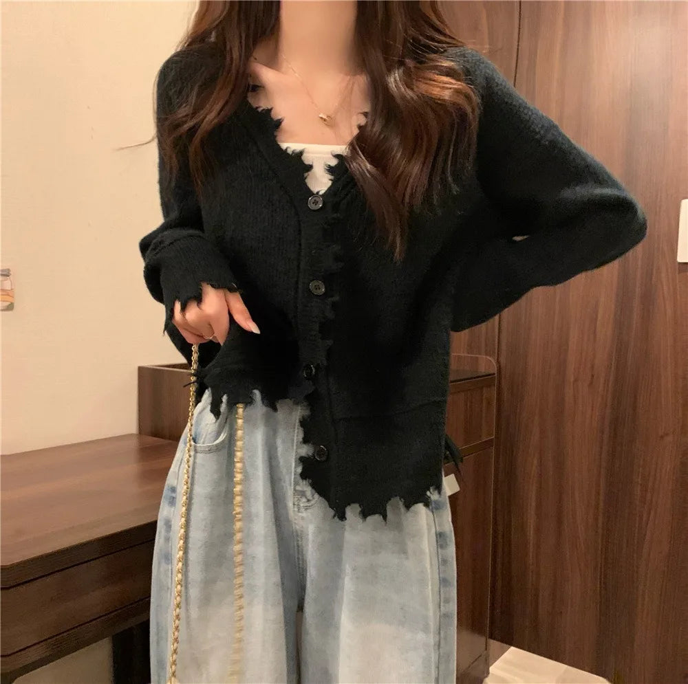 Koisoon French Style Sweater Cardigan Women Long Sleeve V-neck Frayed Sweaters Autumn Winter Cropped Kintted Cardigan Elegant Streetwear