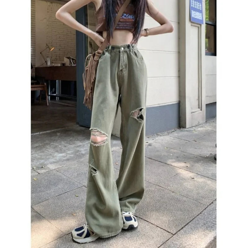 Koisoon Streetwear Women Hole Do Old Y2k Jeans Spring New Korean Fashion Army Green Pants Vintage High Waist Loose Wide Leg Trousers