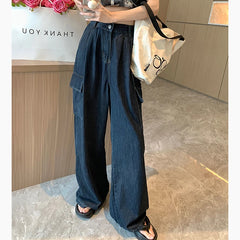 Koisoon Vintage Women Denim Cargo Pants Fashion Streetwear Loose Wide Leg Pants Korean Casual All Match Female Straight Jeans