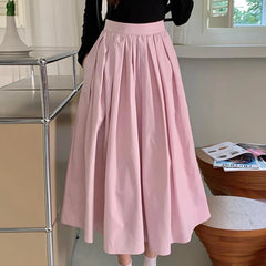 Koisoon Elegant Women Pockets Pleated Skirts For Ladies 2024 Spring Summer A-Line Loose Casual High Waist Midi Skirt SK25