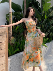 Koisoon Summer New Midi Spaghetti Strap Dresses Women Floral Print Dress Elegant And Chic with Casual Party Holiday Dress High Quality