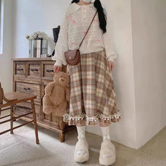 Koisoon Kawaii Japanese Style Plaid Skirt Women Vintage Long Skirt Preppy Style Autumn Winter Fashion Cute Retro Midi Skirts