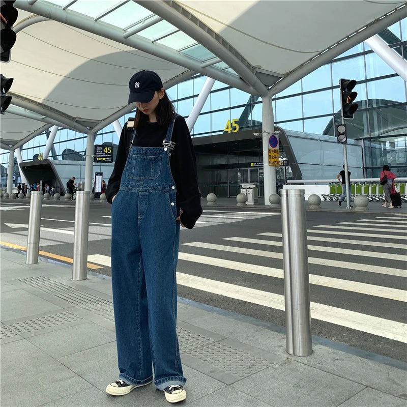 Koisoon Women Denim Overalls Vintage Streetwear Loose Jumpsuit Korean Straight Wide Leg Pants Casual Jeans All Match Trousers