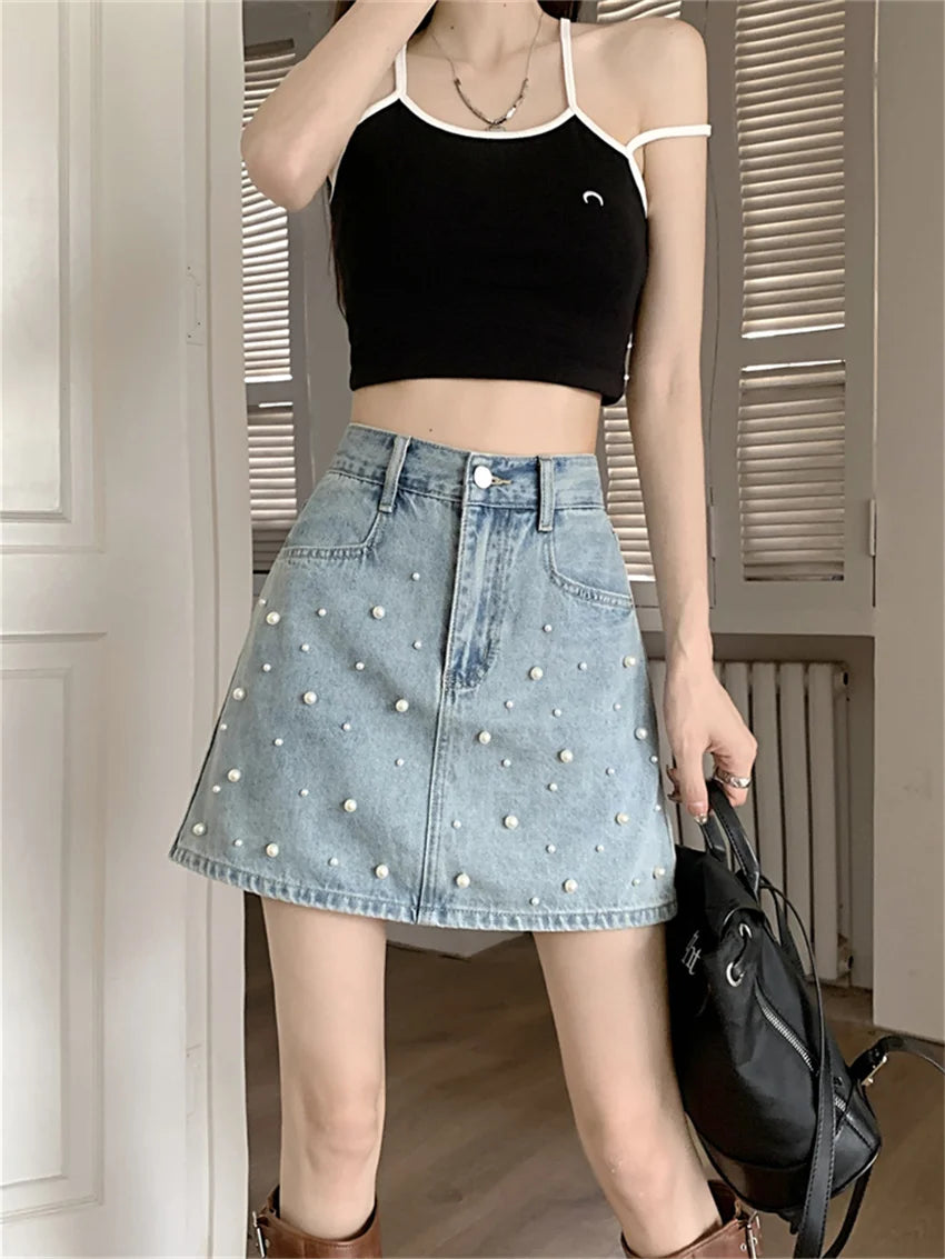 Koisoon Office Lady New Mini Skirts Women Summer OL Chic Pearls High Waist Sweet Denim Bodycon Streetwear Jeanswear