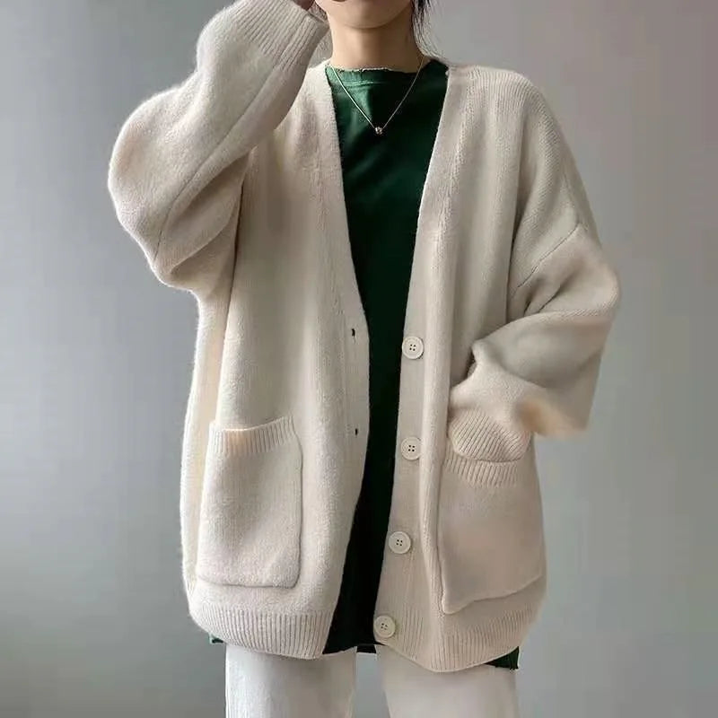 Koisoon 2024 Chic Yellow Sweater Cardigan Women Lazy Wind Single-Breasted Knitted Cardigan Women Solid V Neck Cardigans Female