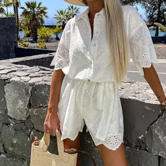 Koisoon Ladies Fashion Lace Up Holiday Romper New Summer White Casual Lapel Shorts Playsuits Sexy Lace Embroidered Hollow Shirt Jumpsuit