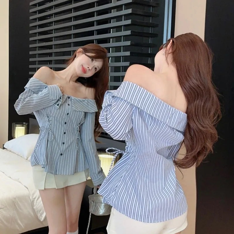 Koisoon Off Shoulder Elegant and Youth Woman Blouses Korean Style Striped Shirt Gyaru Fashion Harajuku Long Sleeve Top Chic Spring