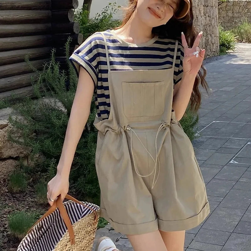 Koisoon High Waist Women Playsuits Korean Casual Pocket Loose Rompers Summer Fashion All Match Female Streetwear Bib Shorts