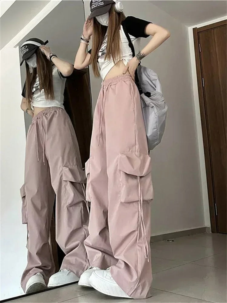 Koisoon Y2K Beige Cargo Pants Woman Streetwear Hip Hop Black Parachute Trousers Oversized Korean Fashion Wide Leg Pink Sweatpants