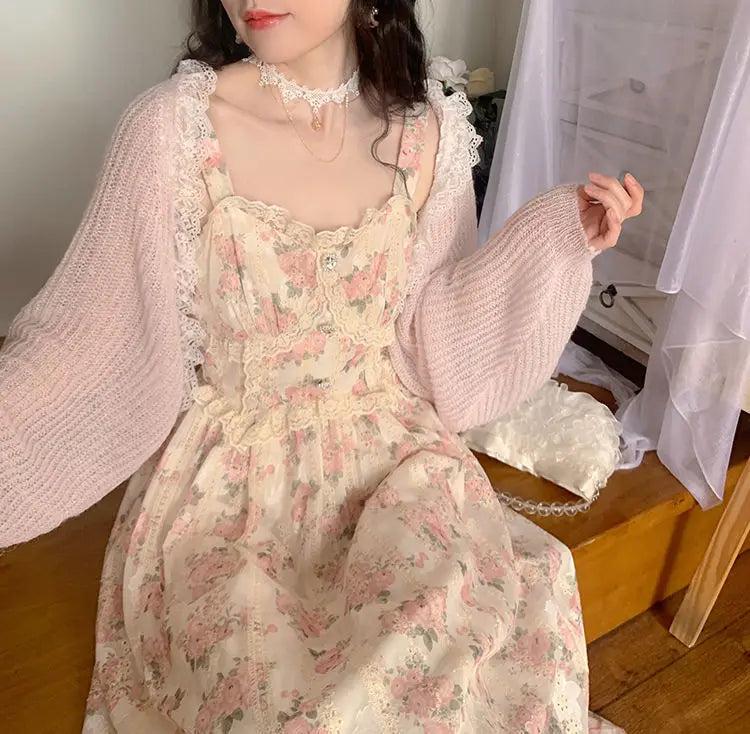 Koisoon Chiffon Lace Strap Dress Women Floral Embroidery Fairy Vintage Long Dress Female Sweet Princess Casual Party Dresses Summer