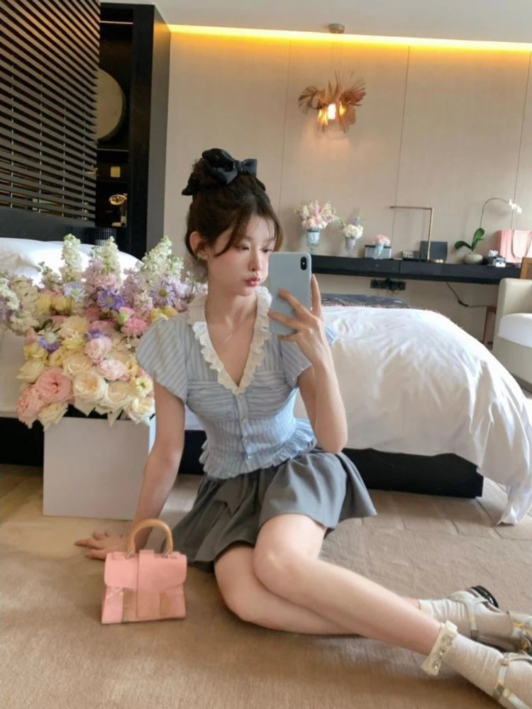 Koisoon 2024 New Japanese Style Kawaii Suit Girls Cute Stripe Slim Bouse + Bow Y2k Mini Skirt Korean Fashion Sweet Skirt Set Woman Chic