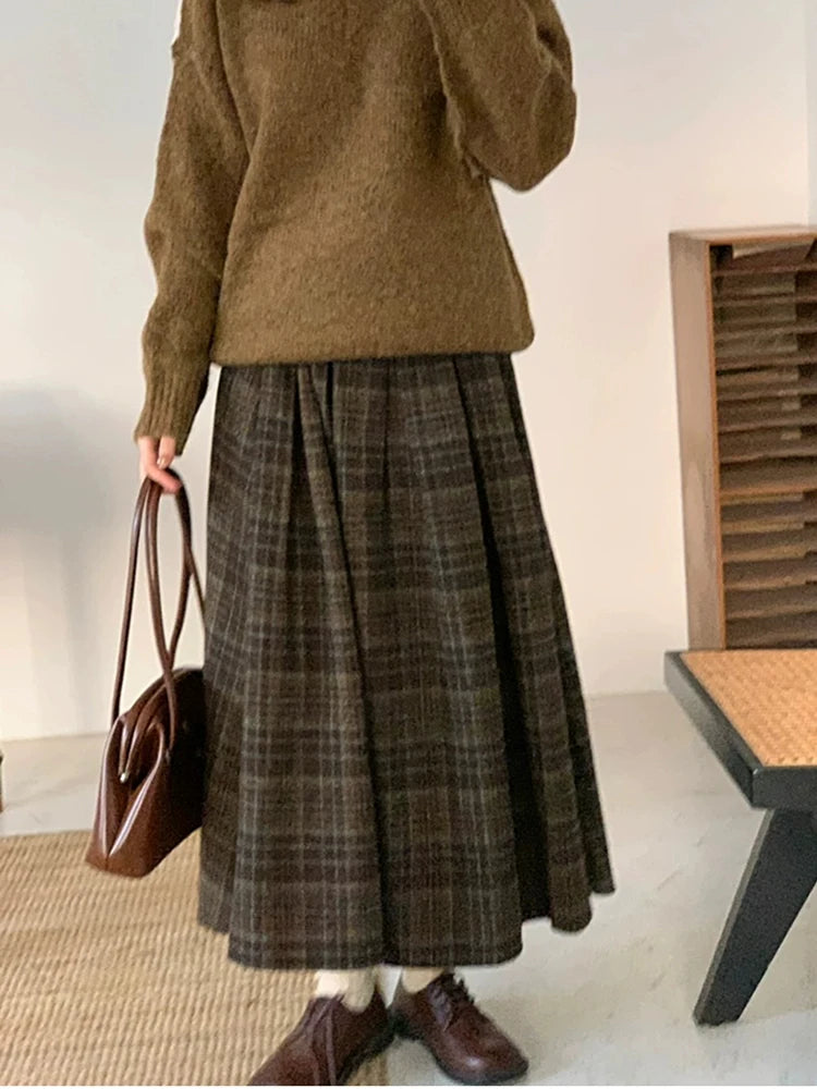 Koisoon Vintage Women Long Plaid Thick Pleated Faux Woolen Skirts For Ladies Autumn Winter A-Line Loose Casual High Waist Midi Skirt SK4