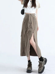 Koisoon Ladies Irregular High Waist Chic Midi Skirt Casual Versatile Personality Split Fur Edge Tassel Denim A-Line Skirt