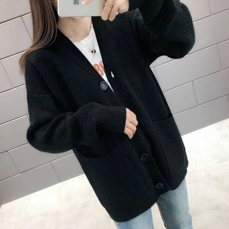 Koisoon 2024 Chic Yellow Sweater Cardigan Women Lazy Wind Single-Breasted Knitted Cardigan Women Solid V Neck Cardigans Female