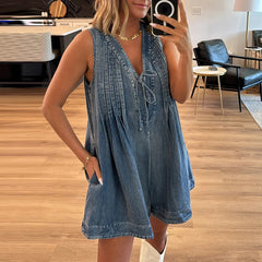 Koisoon 2024 Women's V-neck Lace Up Pocket Jumpsuit Casual Hollow Sleeveless Shorts Romper Sexy Sleeveless Pleated Summer Denim Playsuit