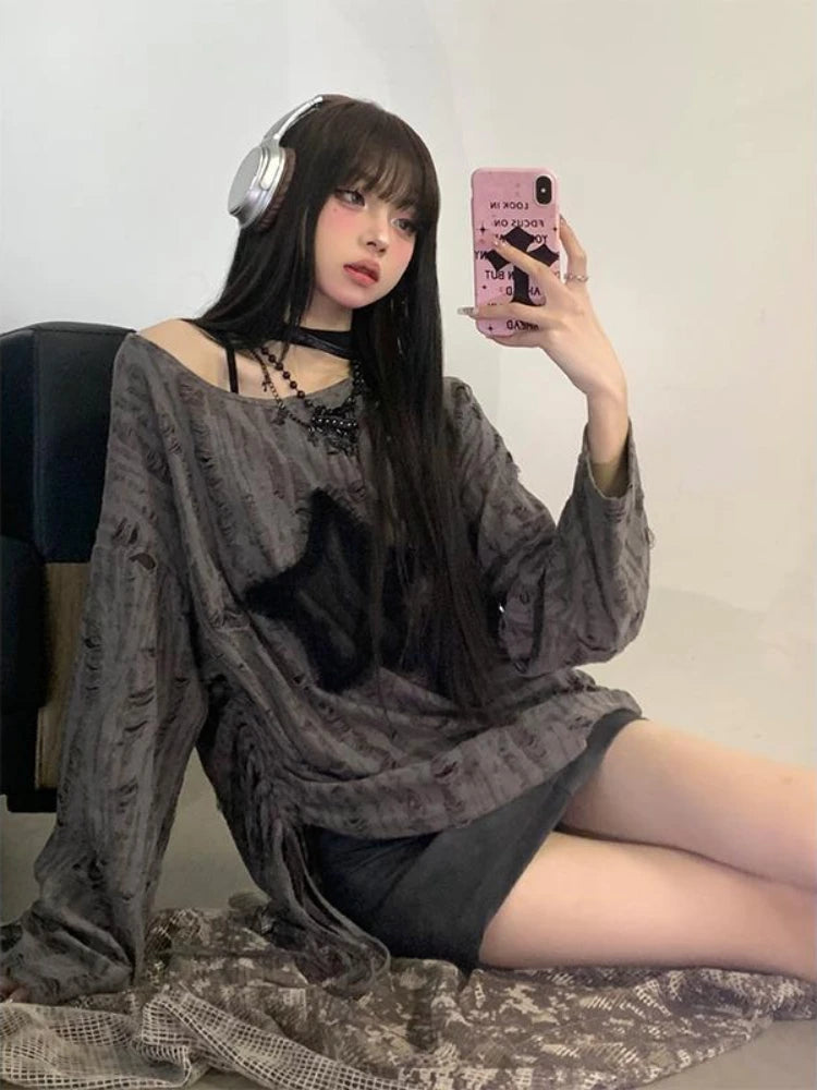 Koisoon Y2k Top Star Printed Oversized Hollow Out Off The Shoulder Tops Long Sleeves Korean Fashion Drawstring Streewear 2024