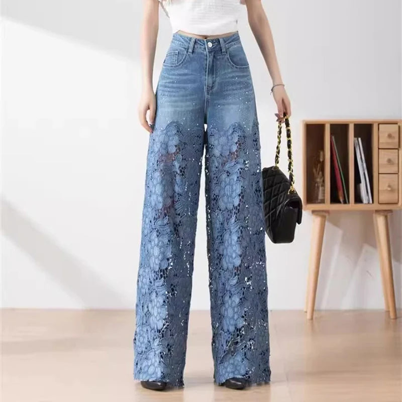 Koisoon Fashion Women's Jeans 2024 New Summer High-Waist Openwork Lace Stitching Denim Wide-Leg Pants Female Straight Trousers