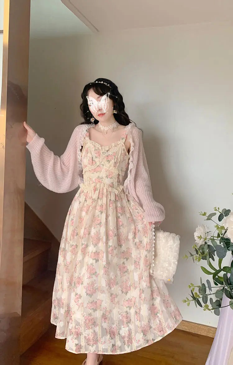 Koisoon Chiffon Lace Strap Dress Women Floral Embroidery Fairy Vintage Long Dress Female Sweet Princess Casual Party Dresses Summer