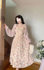 Koisoon Chiffon Lace Strap Dress Women Floral Embroidery Fairy Vintage Long Dress Female Sweet Princess Casual Party Dresses Summer