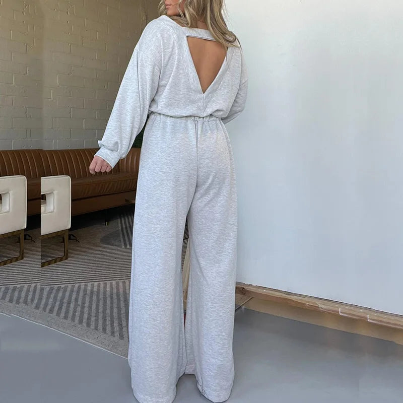 Koisoon 2024 New Spring O-neck Solid Loose Romper Casual Waist Pocket Wide Leg Jumpsuit Women's Elegant Commuting Long Pants Playsuits