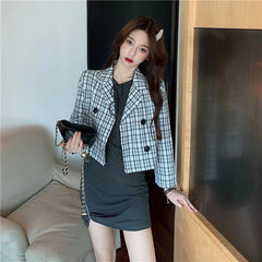 Koisoon Women Plaid Suit Coat Korean Casual Female Cropped Tops Y2K Fashion Designed Button Loose Long Sleeve Coats Autumn New