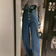 Koisoon Elegant Korean Jeans Women Winter New High-Waist French Designer Wide-legged Pants Blue Casual Designer Long Pants Autumn