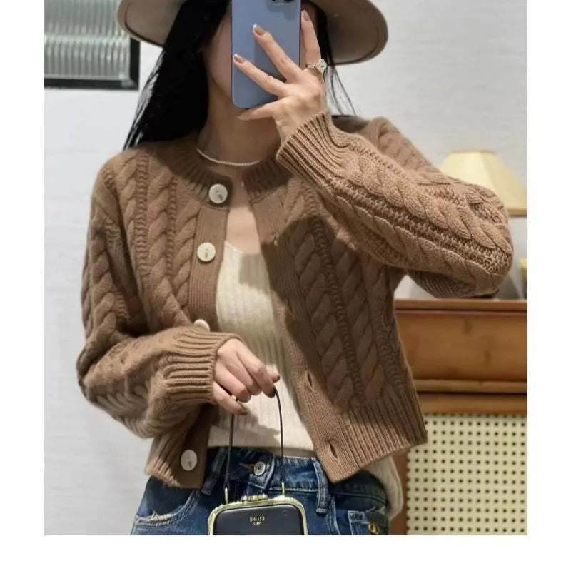 Koisoon Women's Pure Cashmere Wool Sweater Round Neck Twists Short Cardigan Autumn Winter Casual Knit Top Female Thickened Warm Jacket