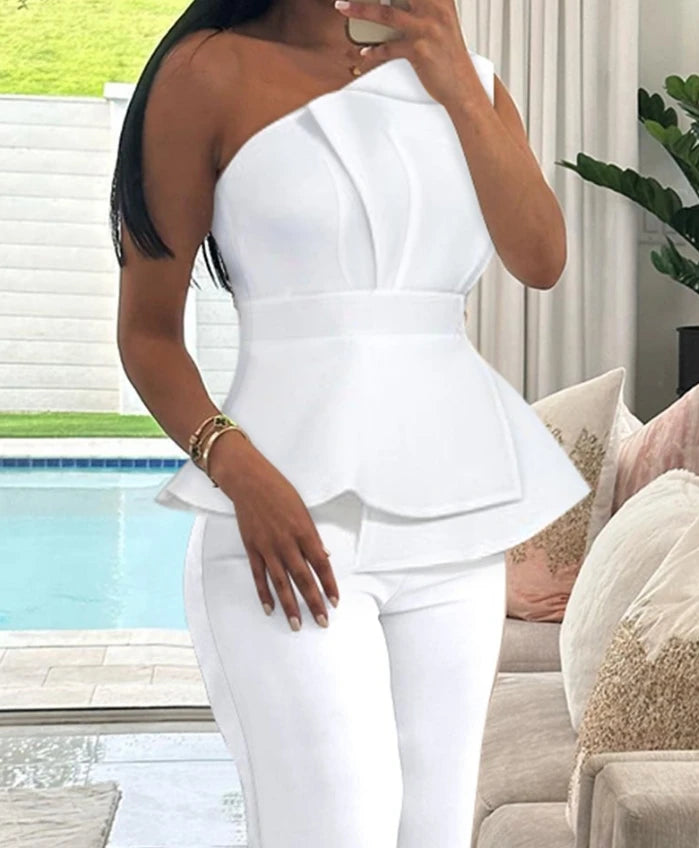 Koisoon Elegant Two Pieces Set for Women 2024 Sleeveless Diagonal Collar One Shoulder Ruched Top & High Waist Straight Leg Pants Set